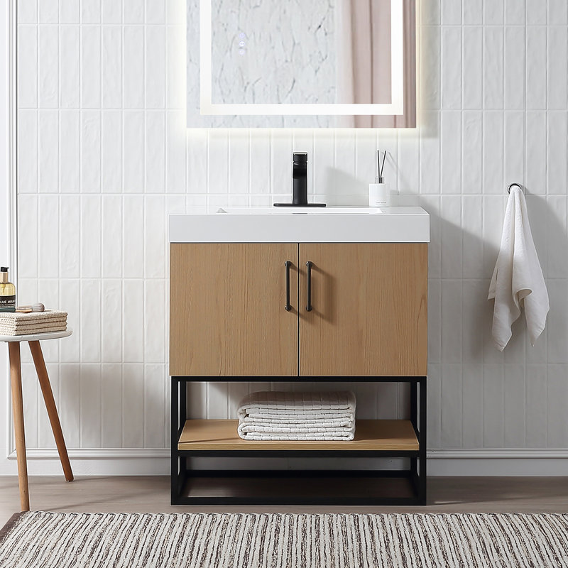 30" Free Standing Single Bathroom Vanity with Resin Top in Oak
