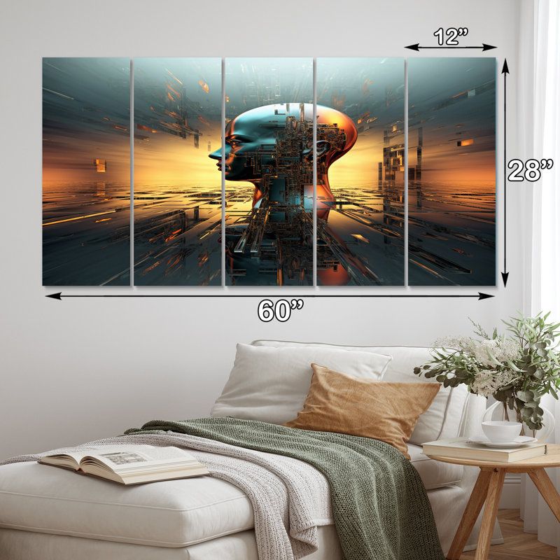 «AI Robot Dreams Of Singularity» - Art mural sur toile robot - 5 panneaux égaux