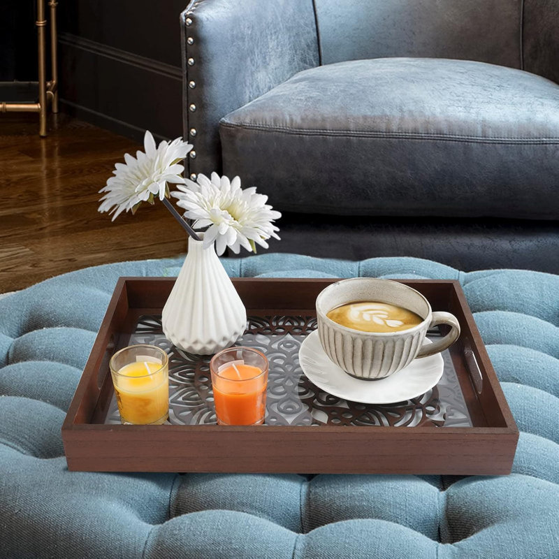 Wooden Serving Tray with Handles (15''x10'') – Decorative for Living Room, Coffee Table, Kitchen, Bedroom & Bathroom, Brown