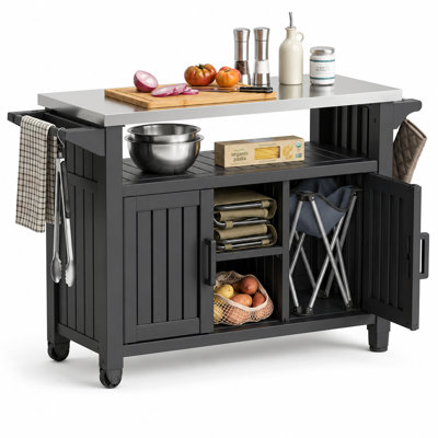 Outdoor Bar Cart with Wheels – Resin Storage Cabinet & Serving Table, 360° Rolling, Waterproof & UV-Resistant for Patio, Poolside & Backyard