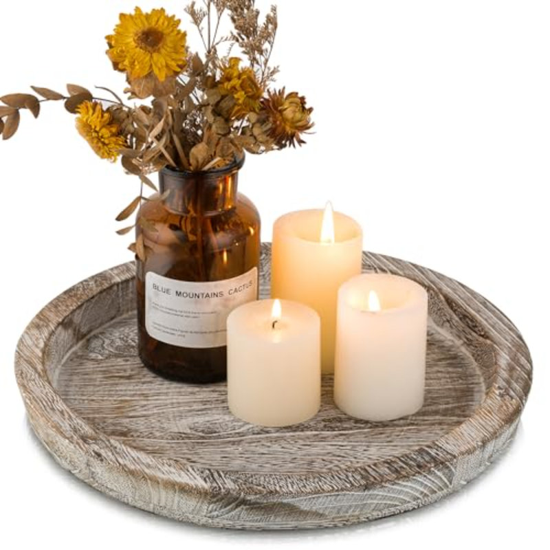 Candle Plate Holder Tray Round Wooden Decorative Candle Plate Small Farmhouse Table Centerpiece Rustic Whitewash Wood Tealight Pillar Trays For Christmas Wedding Halloween Home Décor