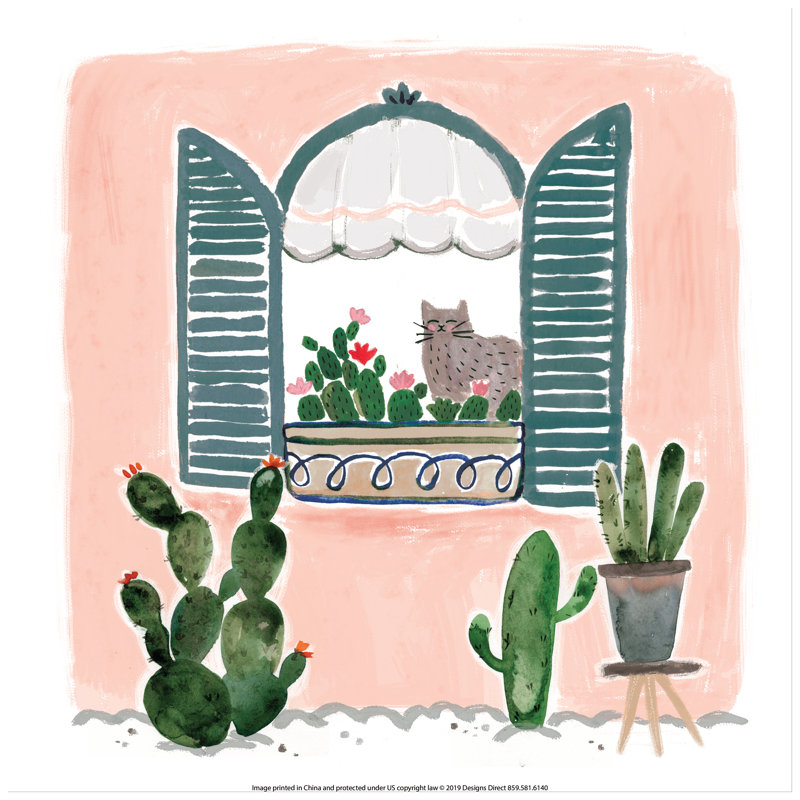 Chat et cactus, reproduction de fenêtre sur toile, H 30 po x l 30 po
