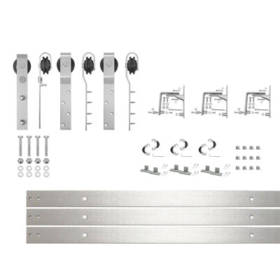 Brushed Nickel Triple Track Bypass Sliding Barn Door Hardware Kit (for Door Thickness 1-1/4in ~ 1-3/8in), Three 4.5ft Long Flat Tracks, for Three Interior Doors (Doors not Included）