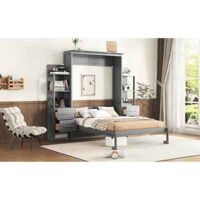 Lit double avec support pour matelas et rangement, gris - Gain de place pour plusieurs pièces