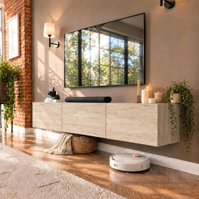 Meuble télé suspendu moderne Colima pour téléviseurs jusqu'à 80 pouces, console multimédia murale avec armoire de rangement, travertin beige