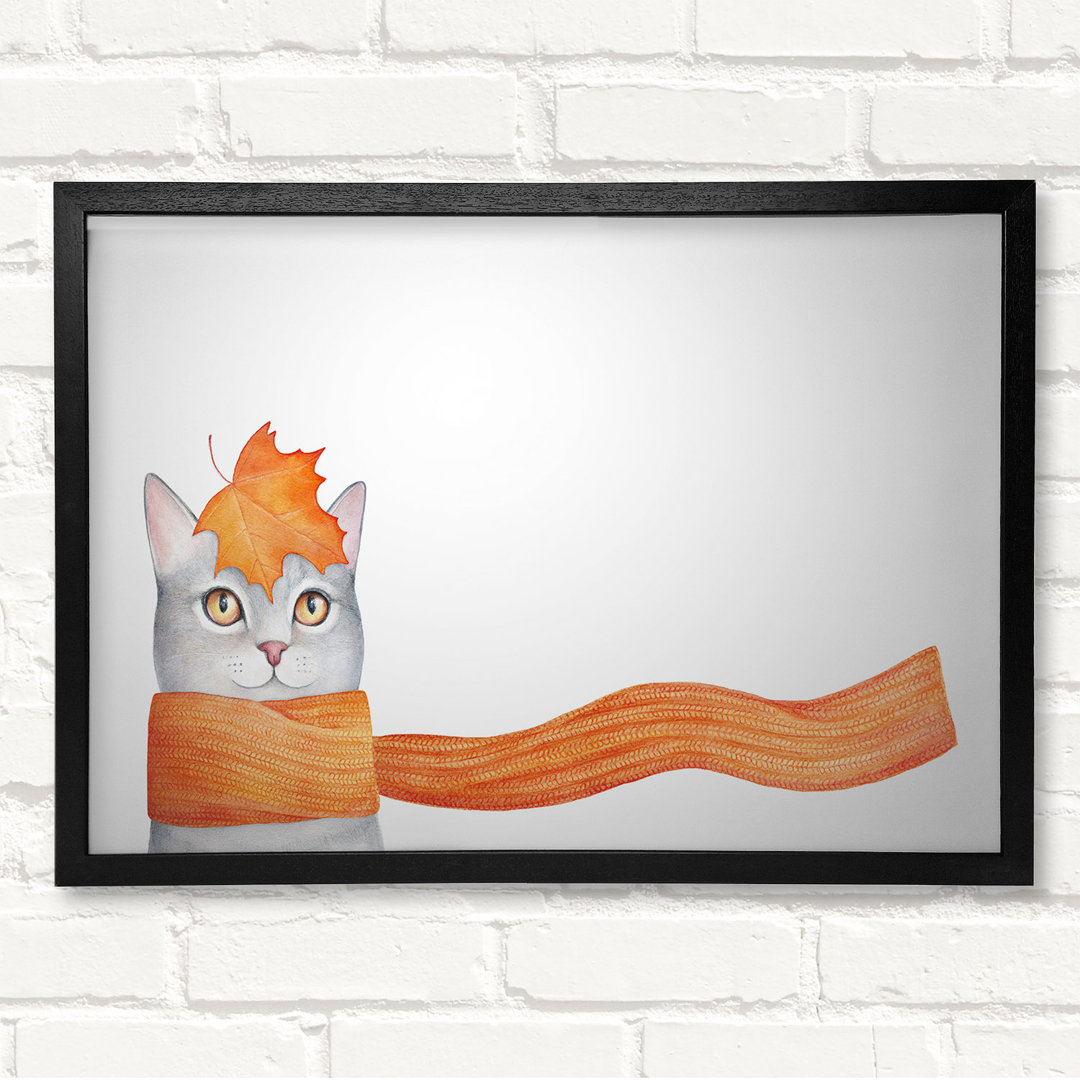 Katze mit orangem Schal Gerahmter Druck