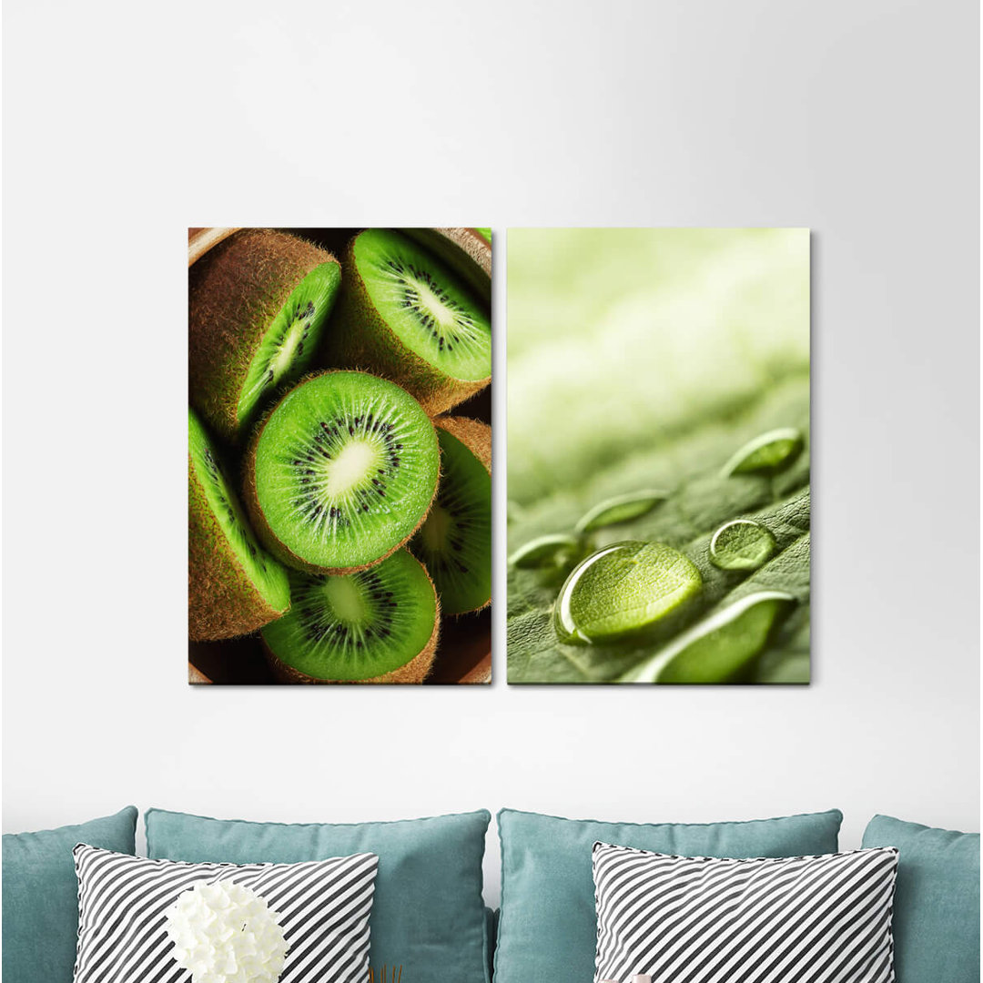 2-tlg. Leinwandbilder-Set - Fotografie „Kiwis Fruits Water Drops Fresh Green Kitchen”