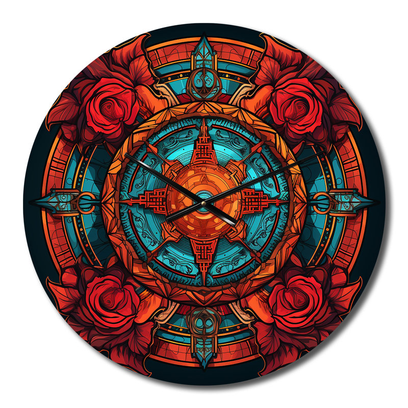 Horloge murale rétro en métal mandala floral rouge et turquoise, Petit