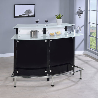 Bold Black Curved Glass Top Bar For Home With Open Shelves Wine And Glassware Arrangement Organization