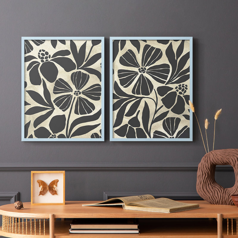 Linocut Garden I-Premium, impression encadrée - prête à être accrochée - aucun clou requis - aucun clou requis, Bleu