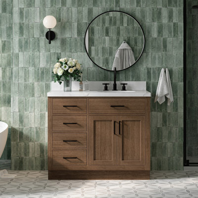 Meuble-lavabo simple en bois massif 42 po Tidworth avec plateau en quartz Carrara de 1,5 po