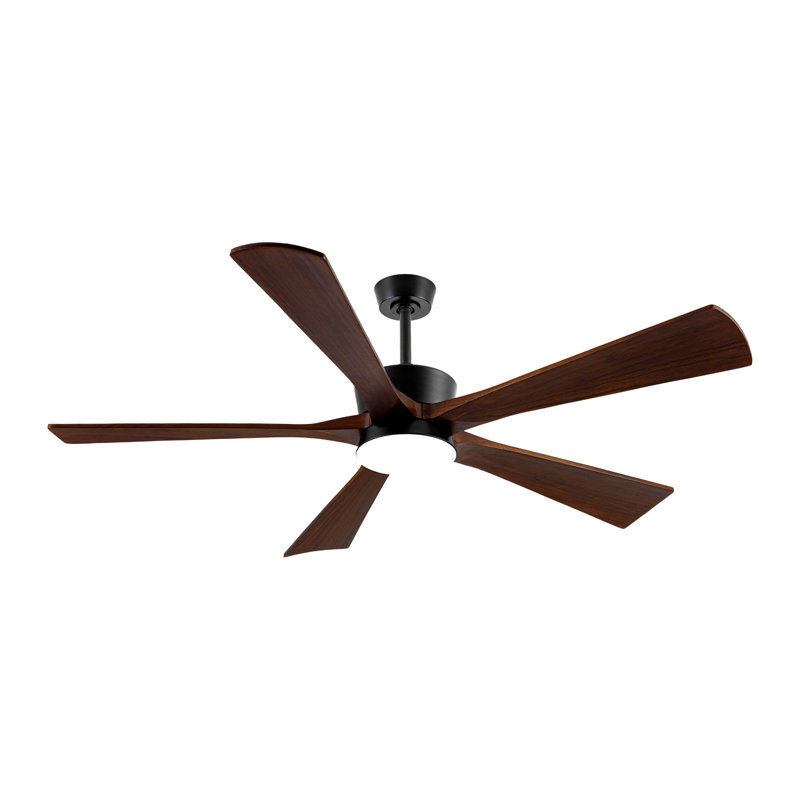 60" Modern Ceiling Fan With Light And Remote Control, 5 Solid Wood Blades 6-Speed Noiseless Reversible Dc Motor, Ceiling Fan For Kitchen Dinning Living Room, Brown Finish With Wood Blades