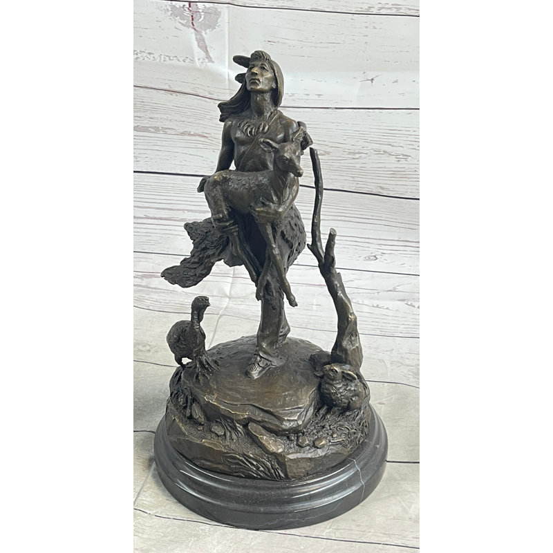 Native American Indian Shaman Holding Deer & Turkey Bronze Sculpture Statue