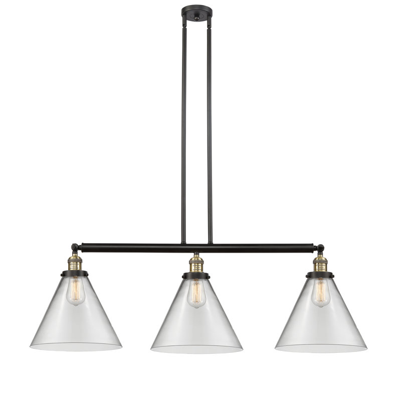 Luminaire suspendu linéaire à 3 lumières pour îlot de cuisine Lemmon, DEL, Transparent, Laiton antique noir