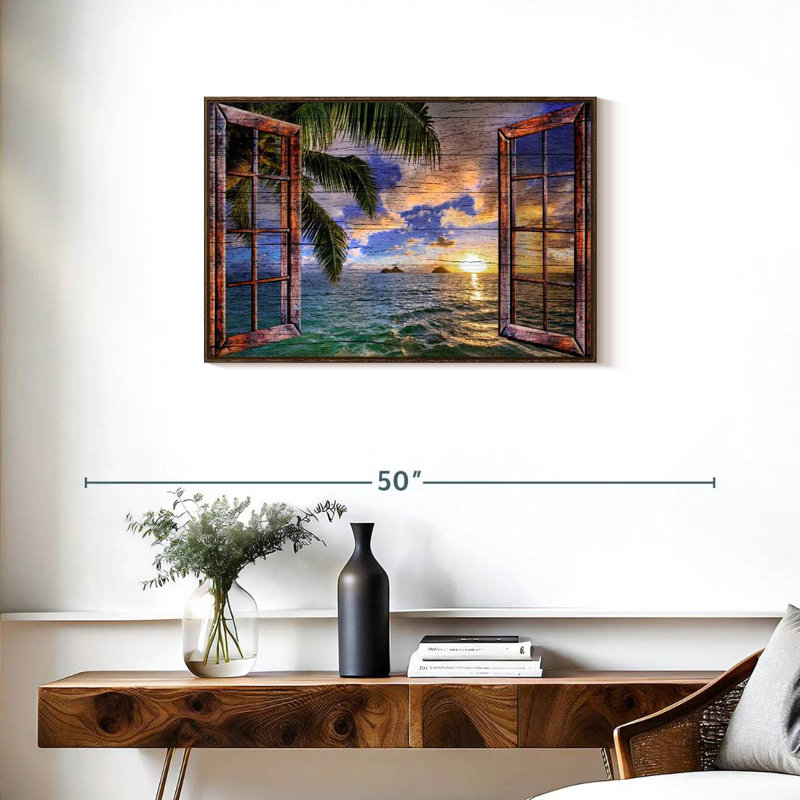Vue de fenêtre en bois tropical, Cadre flottant noyer, 31 po x 21 po