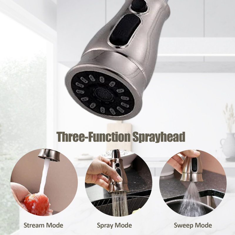 Stainless Steel 3-Hole Kitchen Faucet With Pull-Down Sprayer With Soap Dispenser And Separate Handle, High Arc Kitchen Faucet With Removable Brush For 2 Or 3-Hole Sinks.