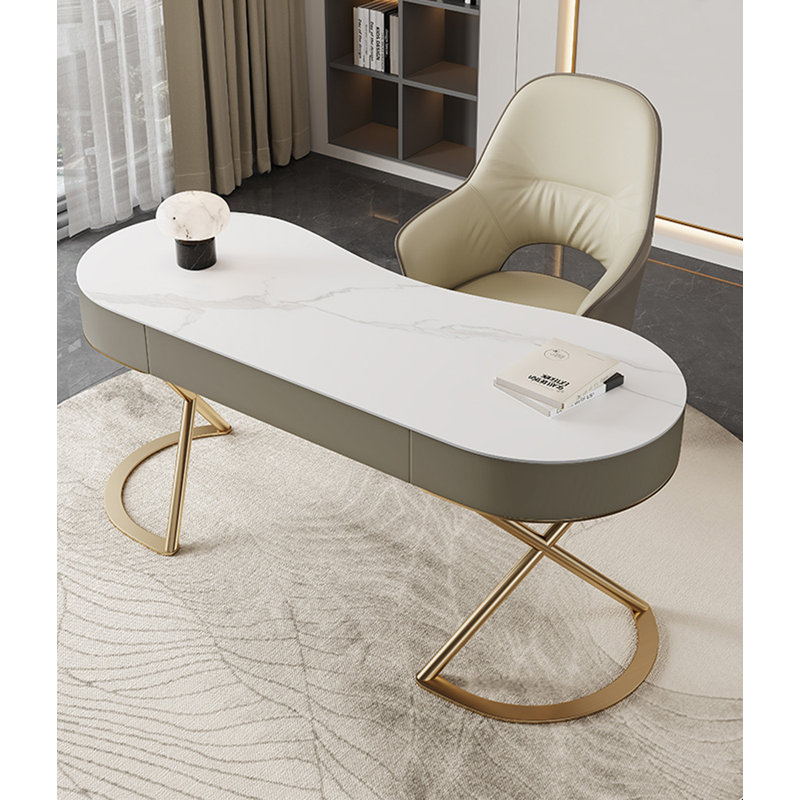 Bureau de luxe en pierre frittée clair, H 29,53 po x l 62,99 po x P 25,59 po, Blanc / Doré