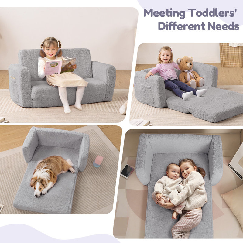3-In-1 Extra Wide Convertible Kids Couch, 2-Seat Toddler Lounger, Comfy Toddler Chair, Kids Sofa For Boys Girls, Bed For Fun Playtime Or Comfy Lounging