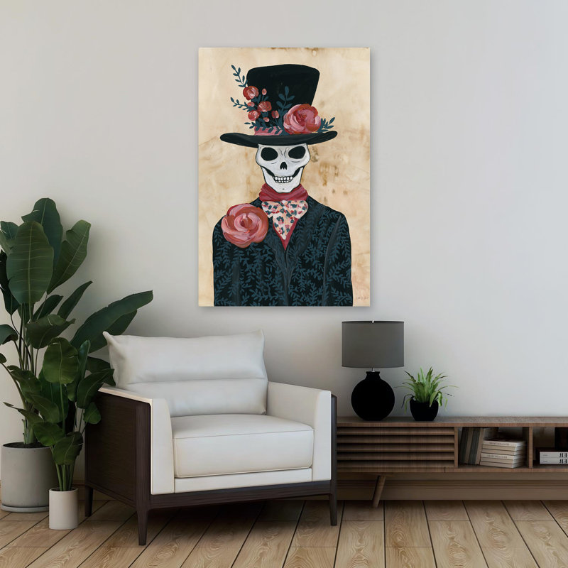 «Skeletal Lover I» - art floral crème avec nœud papillon noir, H 36 po x l 24 po