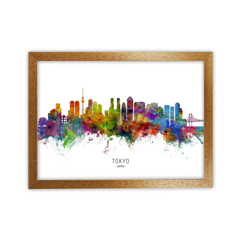 Tokyo Japan Skyline by Michael Tompsett - Print, 46cm H x 63cm W x 3cm D, Brown Framed