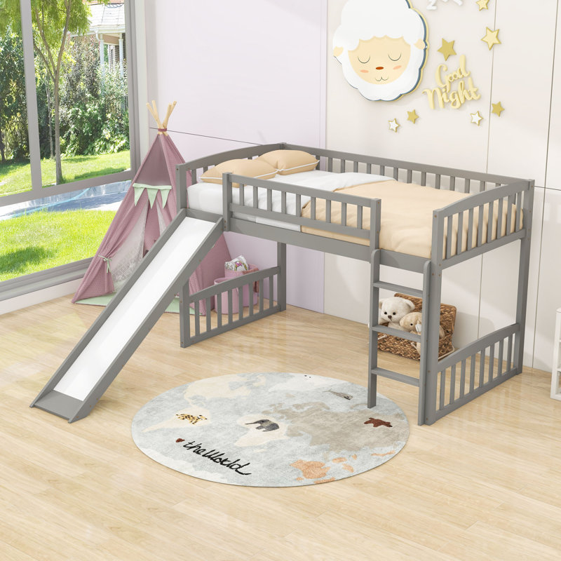 Lit mezzanine en bois simple avec glissoire Enguerrand, gris