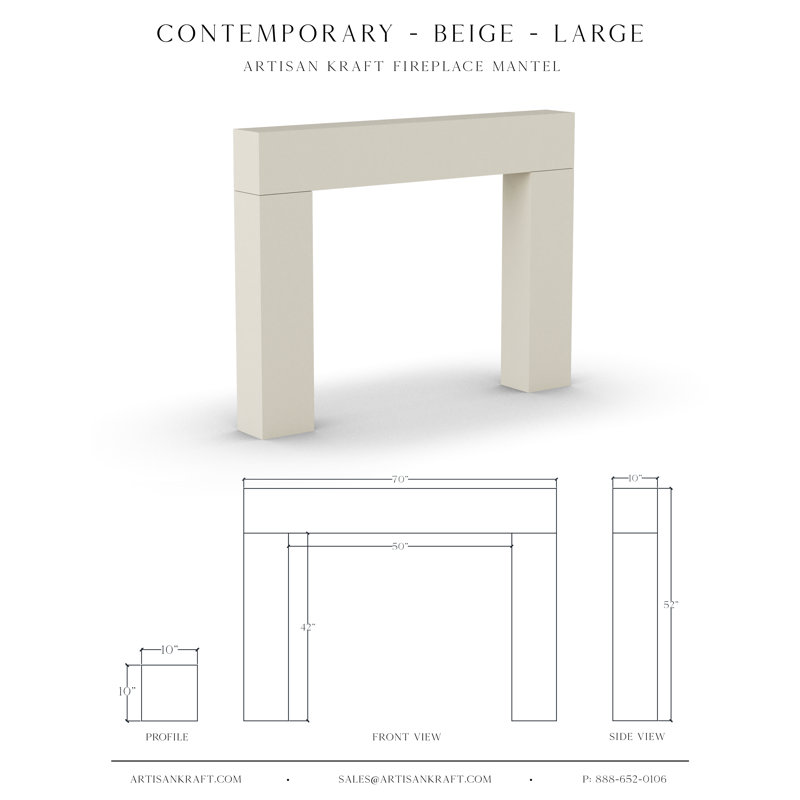 Contemporary Cast Stone Mantel With Bullnose Hearth, Beige, 52" H x 70" W x 10" D