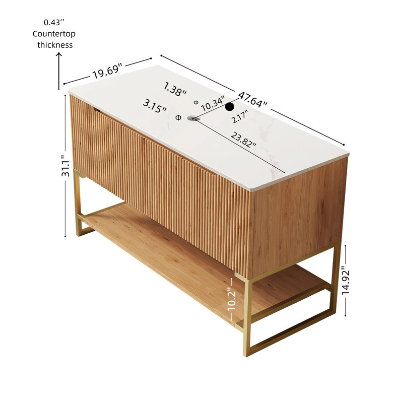 48 po. Comptoir et armoire autoportants en pierre frittée blanc Carrara 48 po avec 3 portes et tablette ouverte, sans vasque, sans robinet et couvercle d'évier, couleur grain de bois