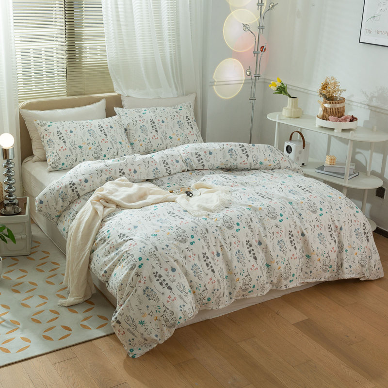 Cotton Floral Duvet Cover Set, King Duvet Cover + 2 Standard Shams, Teal Floral