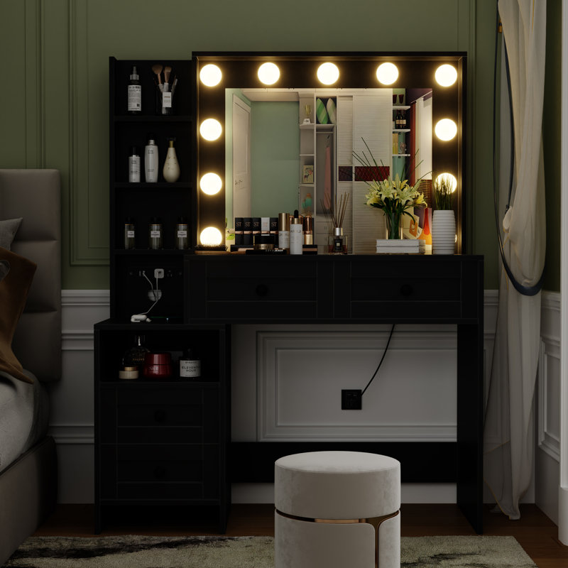 Coiffeuse de maquillage avec prises intégrées et miroir lumineux, Noir, noir, noir, noir