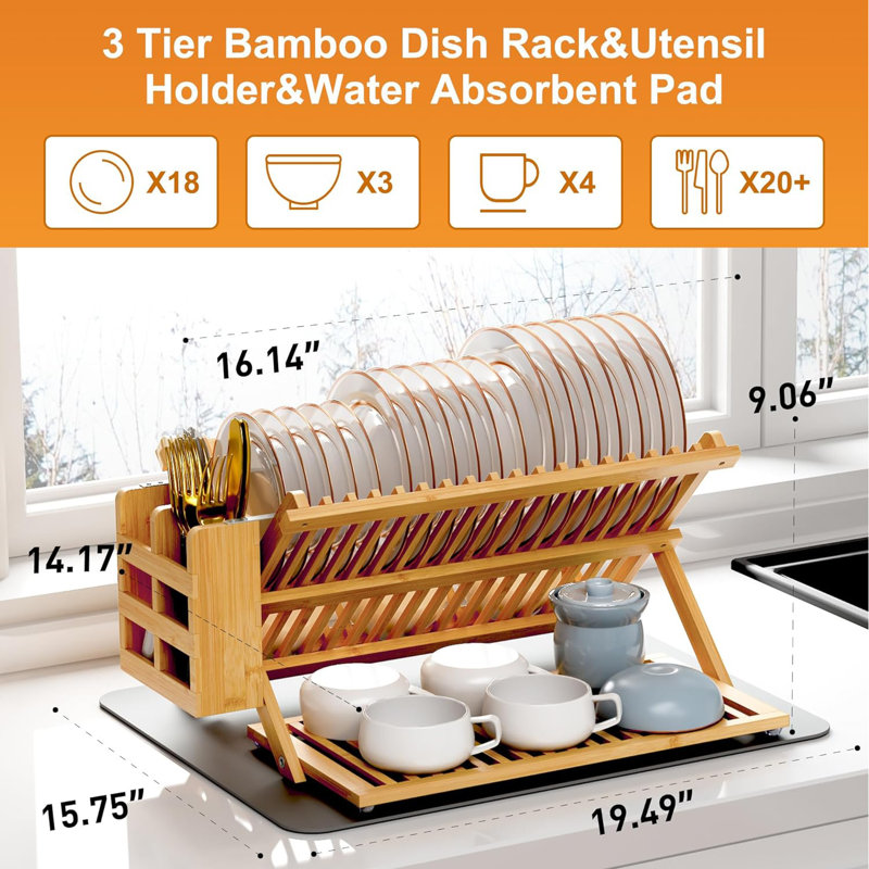 Natural Bamboo Foldable 3-Tier Dish Drying Rack with Utensil Holder
