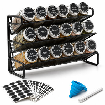 Spice Rack Organizer with 21 Spice Jars, 386 Spice Labels, Chalk Marker & Funnel Set for Cabinet, Countertop, Pantry, Cupboard, Door & Wall Mount