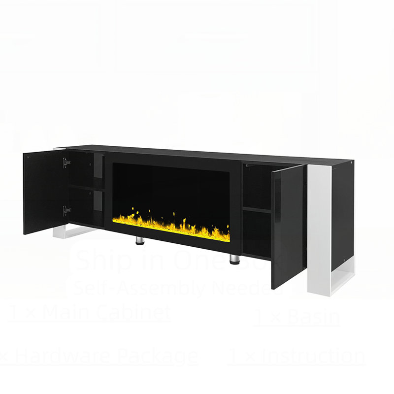 Wood Top TV Stand  With  Electric Fireplace ,2 Cabinets, Black