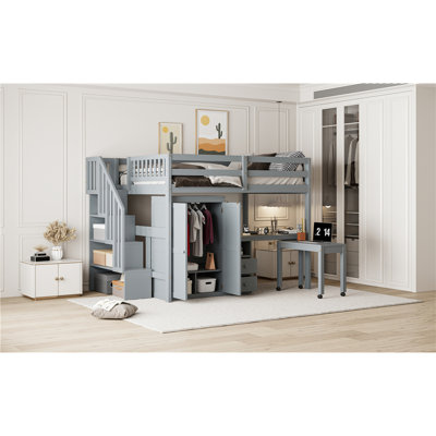 Full Size Loft Bed For & Teens - Gray. Comes With Stairs, Bookshelf, Drawers, Desk Wardrobe. Built From Pine And . Space Saving Bedroom Furniture Choice With Made Of Wood Materials. Functional