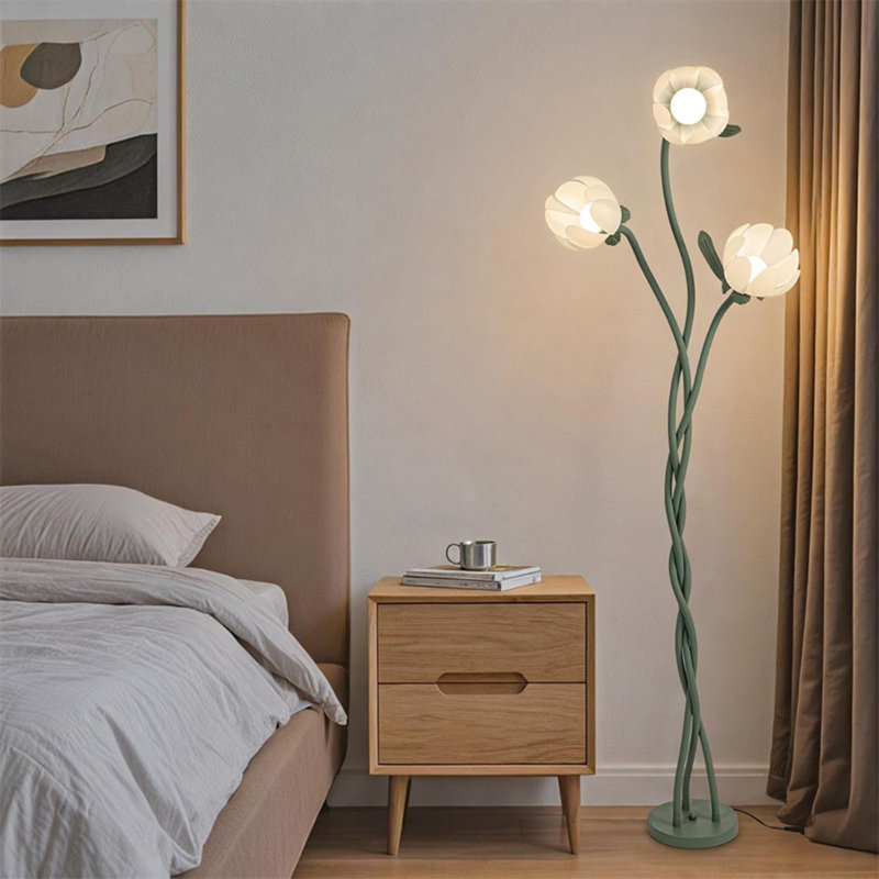 66 In. White Rustic Style 3-light Smart Dimmable Swing Arm Floor Lamp For Living Room With Resin Tulip-shaped Lampshade