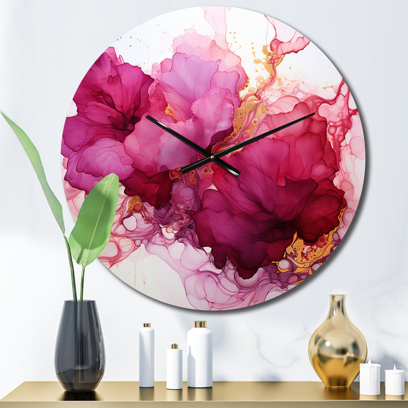 Horloge murale abstraite «Blossoming Magenta Bliss Ink Cloud I», Moyenne