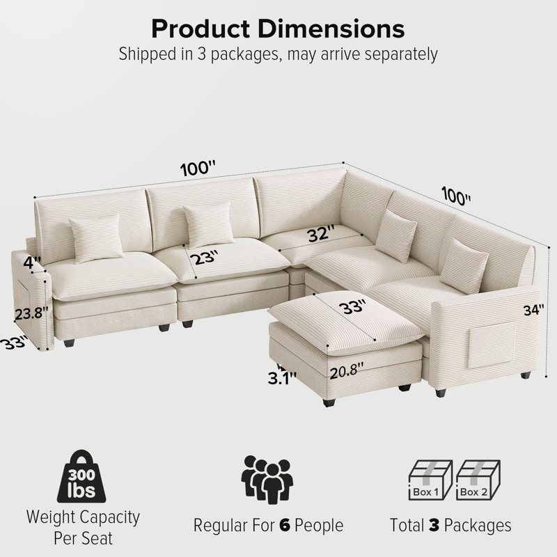 Canapé modulaire de 100 po avec repose-pieds mobile, canapé-lit en U rembourré confortable avec coussins décoratifs, housse amovible, canapé 6 places moderne