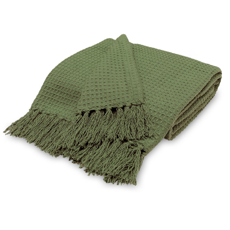 Jeté luxueux en coton tissé gaufré toutes saisons avec franges, Vert