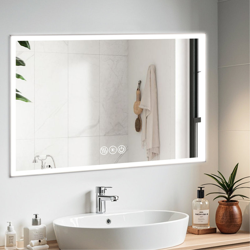 Miroir de salle de bain à DEL avec cadre 48 po x 32 po, brouillard, 3 couleurs réglables 48 * 32 po avec lumières, pour une décoration moderne