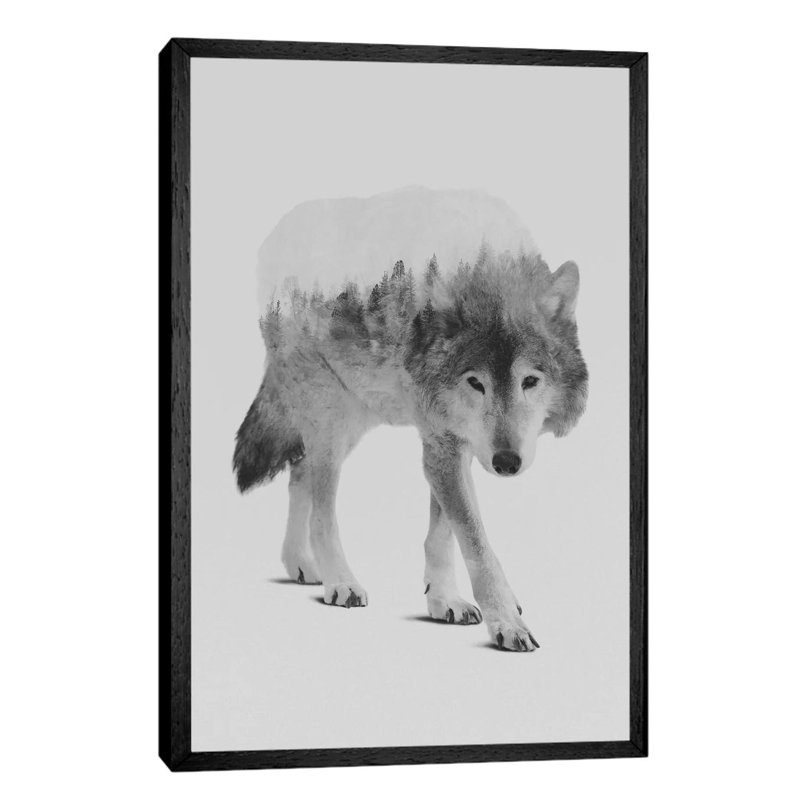 Wolf In The Woods II In B&W by Andreas Lie - Floater Frame Painting on Canvas, Black Framed, 101.6 cm H x 66.04 cm W