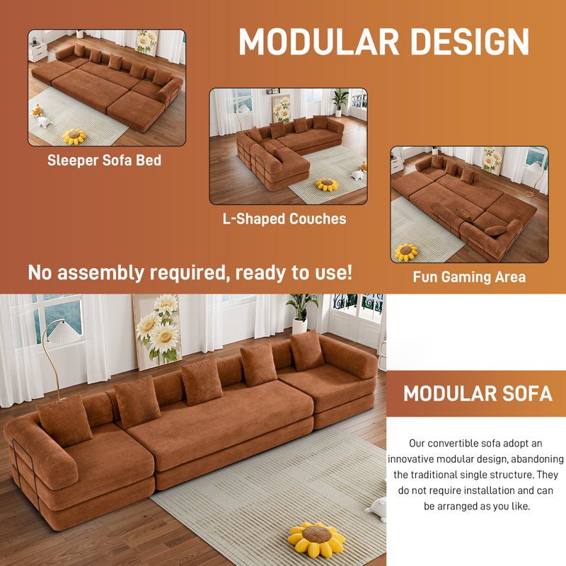 Convertible Sectional Sleeper Sofa Bed Modular Compression Couch With Removable Back And Arm, Orange Corduroy