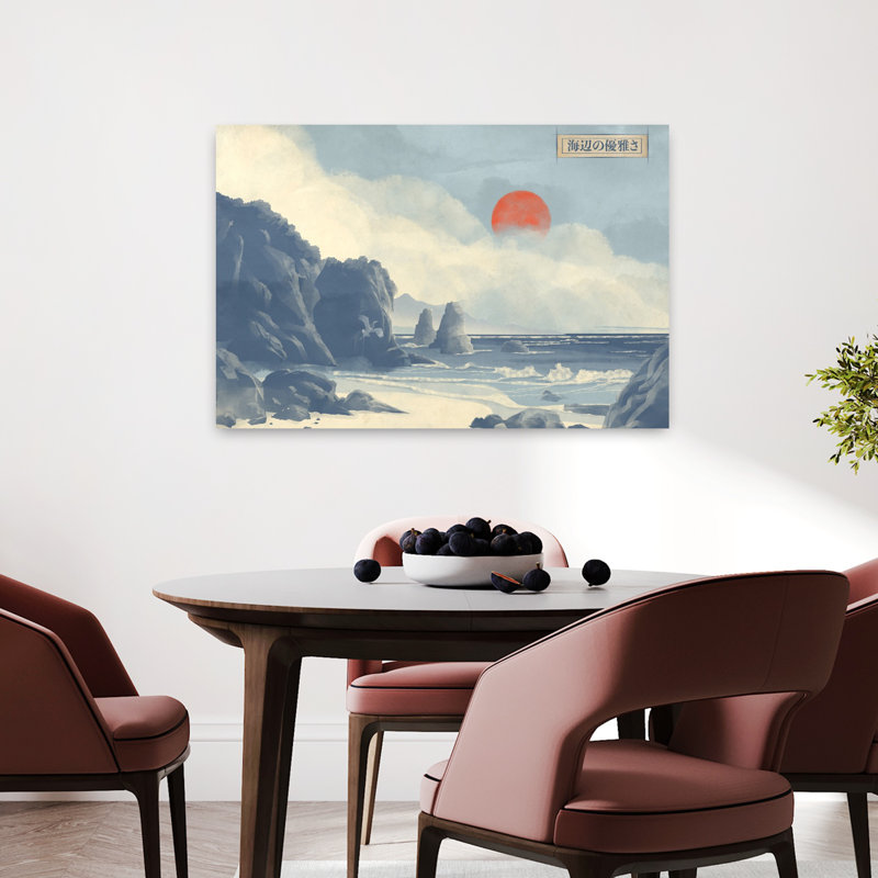 «Serene Coastal Red Sun», art dramatique paisible et paisible, 24" H x 36" W