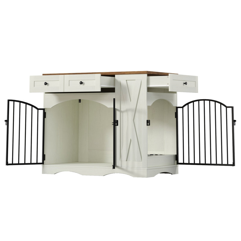 Caisse pour chien en bois avec 3 tiroirs et mangeoire amovible, Beige