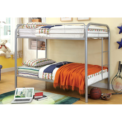 Twin Over Twin Metal Bunk Bed Contemporary Style Attached Dual Ladder Top Bed Rails Silver Finish