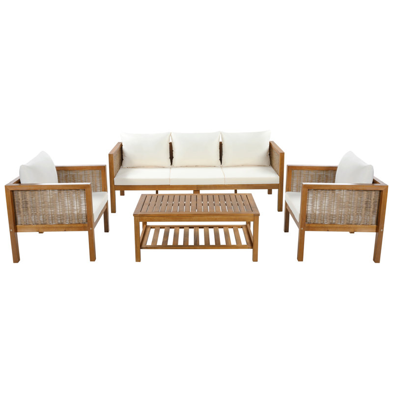Ensemble de conversation de patio 4 pièces avec coussins imperméables en bois d'acacia, en rotin et pour l'extérieur, Beige