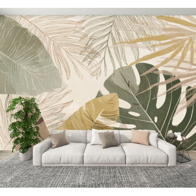 Papier peint à peler et coller feuilles murales tropicales imprimées de couleurs neutres douces H 100 po x l 144 po papier mural amovible en PVC auto-adhésif pour chambre à coucher salon bureau à domicile