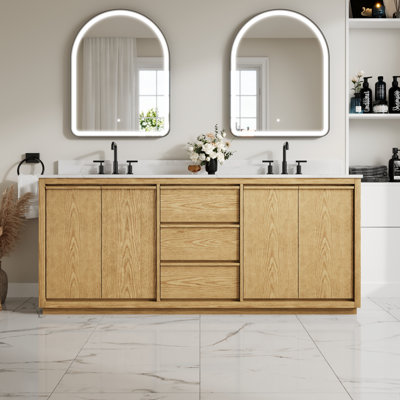 80'' W X 35'' H Bathroom Freestanding Vanity With Oak Wood Frame, Quartz Top,Double Sink,Fully Assembled