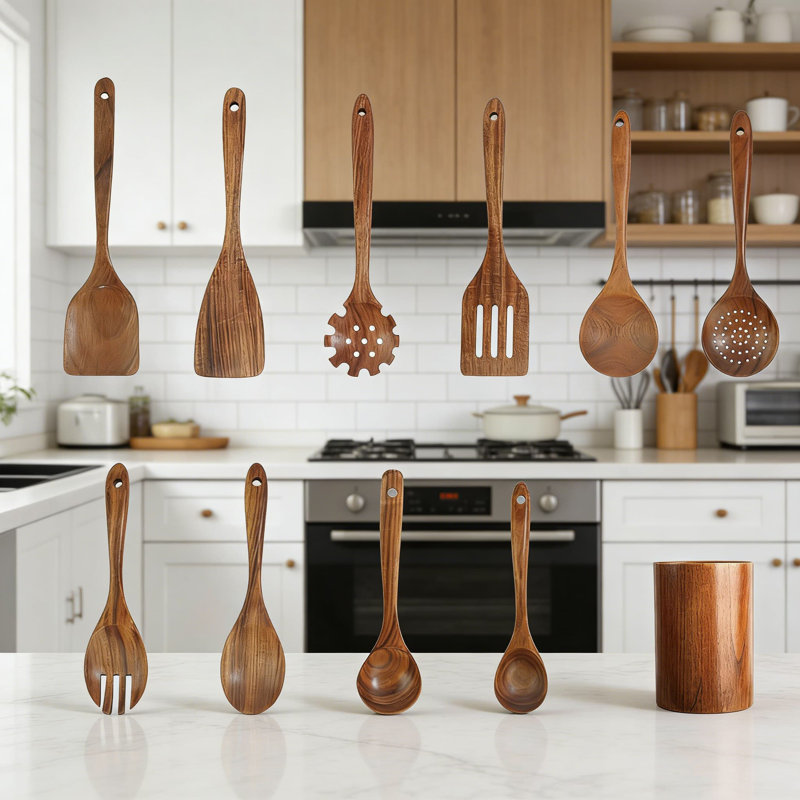 Premium Teak Wood Kitchen Utensil Set With Holder - 10-Piece Solid Wood Cooking Tools Including Spatula, Ladle, Spoon, And More