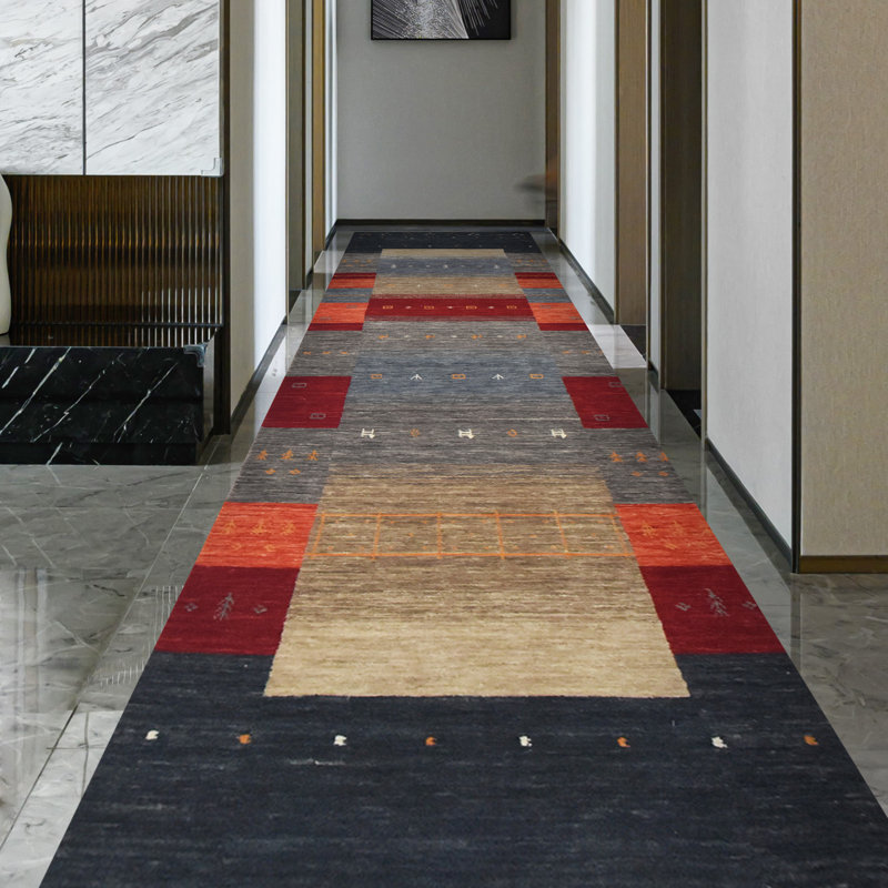 Hand Knotted Wool Area Rug in Black/Gray/Red/Beige, Runner 2'6" x 12'