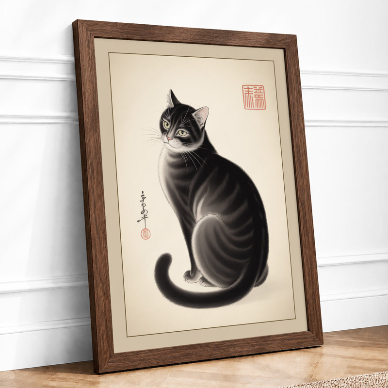 Tabby Cat in Ink Japandi - Framed Print, A2 - 59.4 x 42.0 cm, Walnut