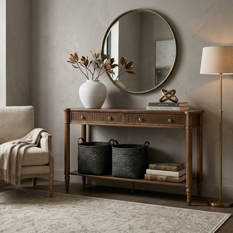 Console cannelée Hoai Derk de 47 po avec 2 tiroirs de rangement et un assemblage simple, Noyer